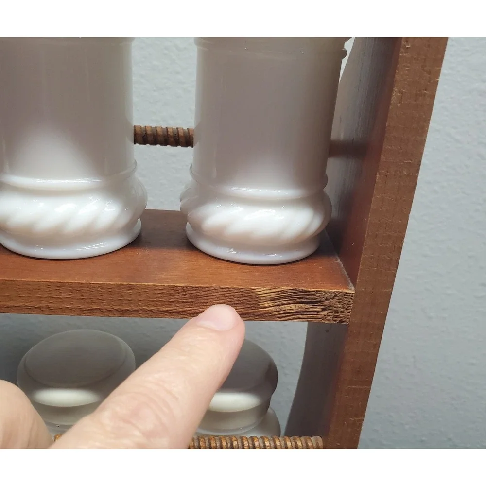 Vintage Double Tiered Wooden Spice Rack W/ 6 Milk Glass Spice Jars Farmhouse